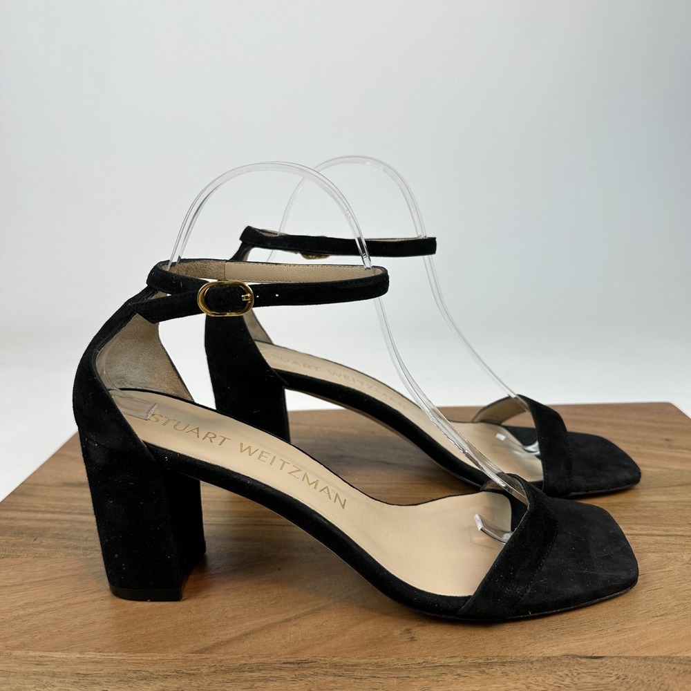 New Womens Stuart Weitzman Nearlynude Black Suede Ankle Strap Heel Sandal Size 9